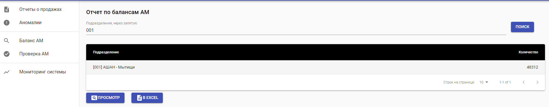 Общий вид экрана «Отчет по балансам АМ»